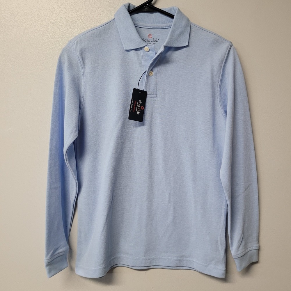 Class Club Boys Light Blue Long Sleeve Polo Shirt Size 10/12 Easy Care NWT